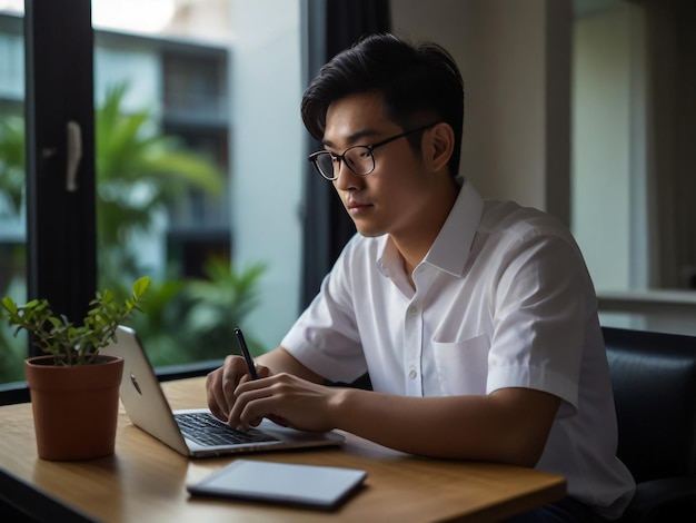 a man sits at a table with a laptop and a potted plant in the background