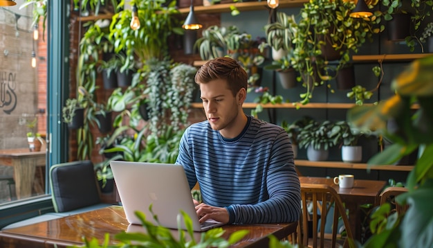 a man sits at a table with a laptop and a potted plant behind him