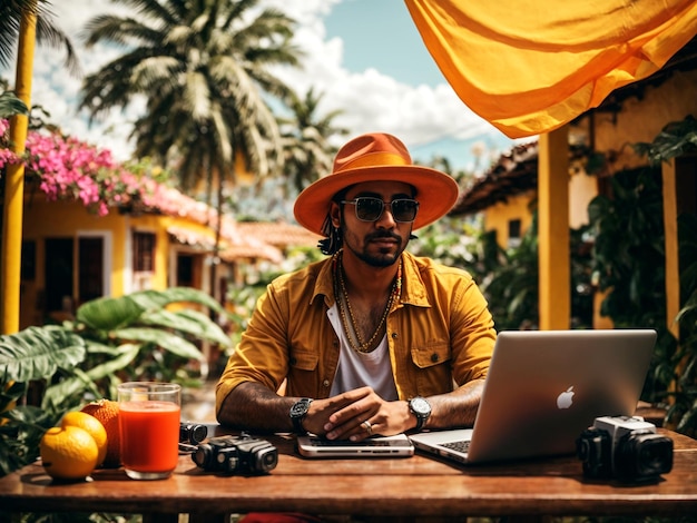 a man sits at a table with a laptop and a pumpkin behind him