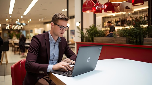 a man sits at a table with a laptop and a red light hanging from the ceiling.