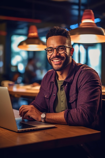 A man sits at a table with a laptop in a restaurant.