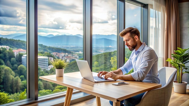 a man sits at a table with a laptop and a view of the mountains