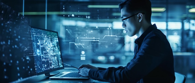 A man sits at a table with a laptop and the words cyber security on the screen.