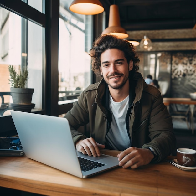 A man sits at a table with a laptop