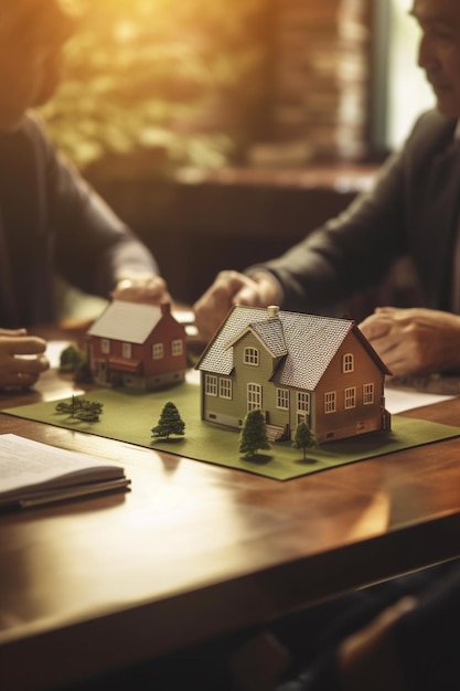 A man sits at a table with a model of a house on it.