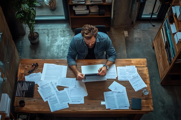 Photo a man sits at a table with papers on it and a pen in his hand