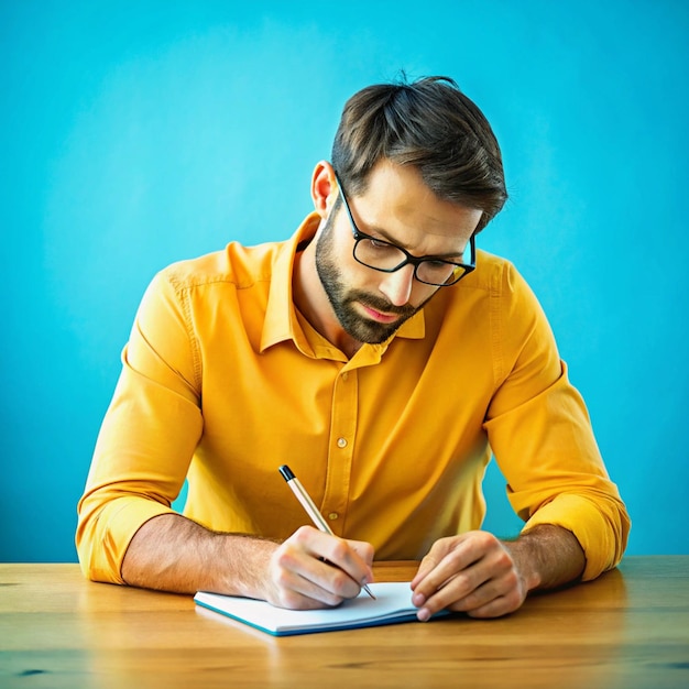 a man sits at a table with a pen in his hand and a pen in his hand