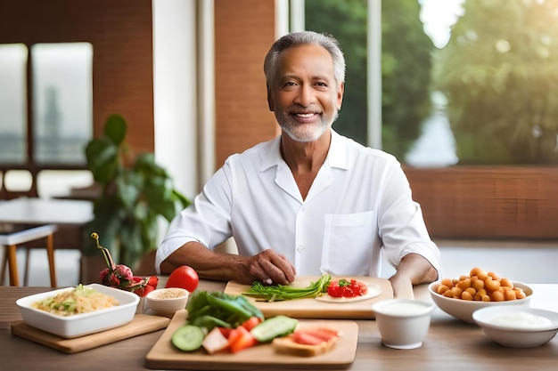 a man sits at a table with a plate of food and vegetables.