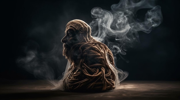 A man sits on a table with smoke coming out of his face.