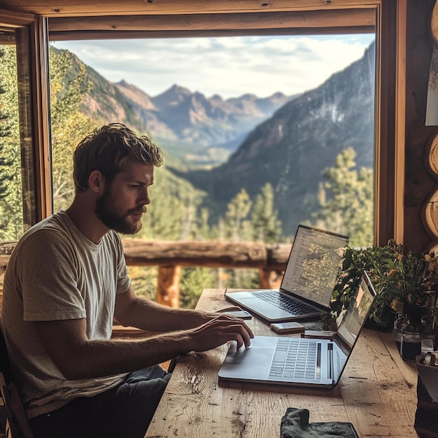 Photo a man sits at a table with two laptops in front of a mountain view