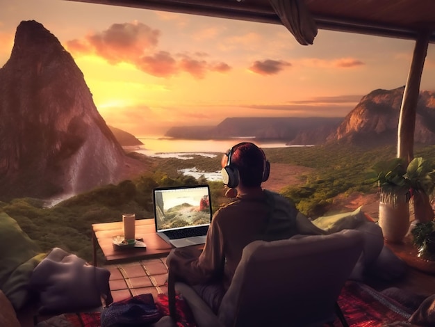 Photo a man sits in a tent with a laptop and a sunset in the background