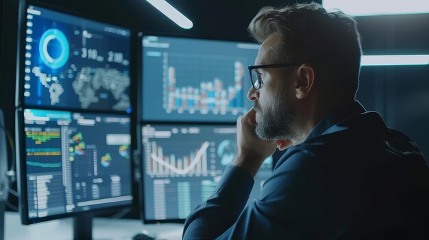 A man sits thoughtfully in front of multiple monitors displaying data graphs and charts