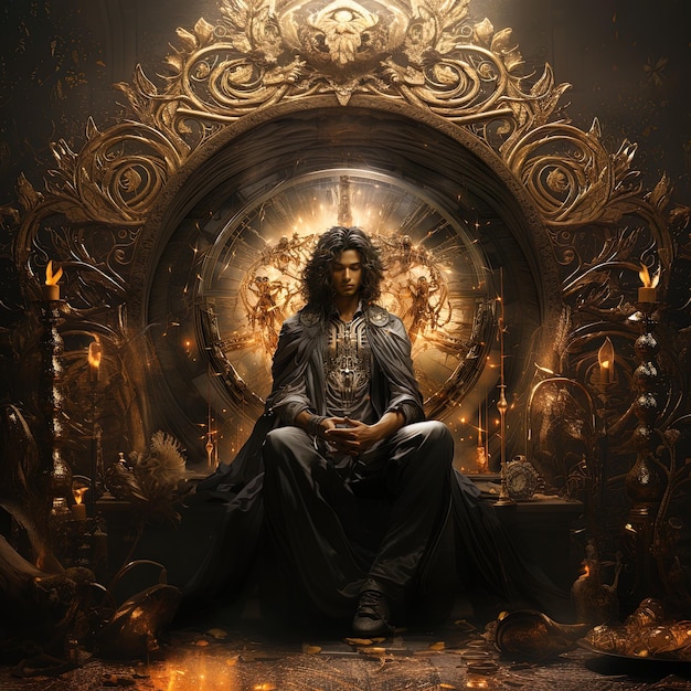 a man sits in a throne with a gold frame behind him