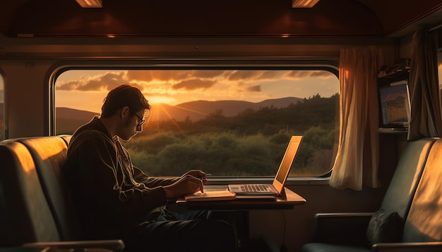 A man sits in a train looking out the window at a laptop