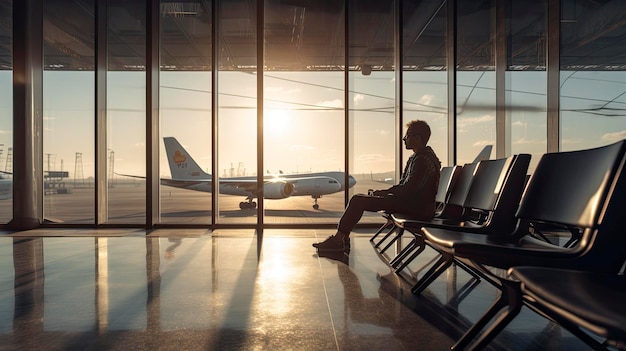 A man sits in a waiting area at the airport with a plane in the background.