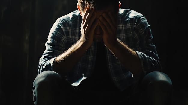 A man sits with his head in his hands seemingly in distress or sadness