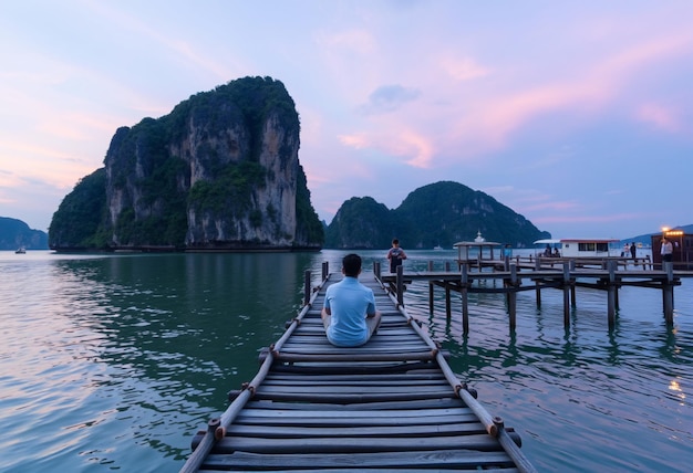 Photo a man sits on a wooden raft in front of a mountain