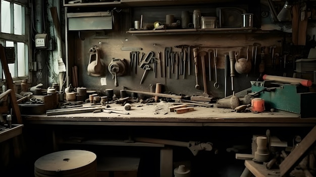 A man sits in a workshop with tools on the wall.