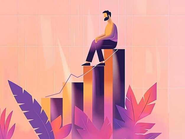 Photo a man sitting on a bar chart with leaves surrounding him captured beautifully