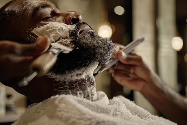 A man sitting in a barber chair receiving a haircut from a barber using hot towels and straight razors A barber using hot towels and straight razors for a luxurious shave experience