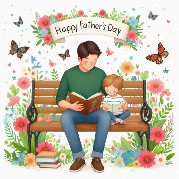 a man sitting on a bench reading happy fathers day