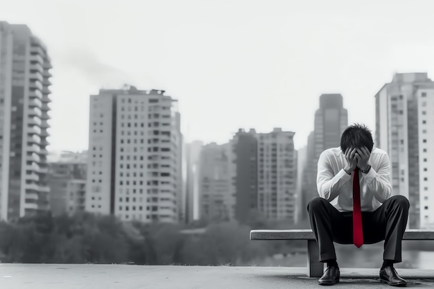 a man sitting on a bench with his hands in his face