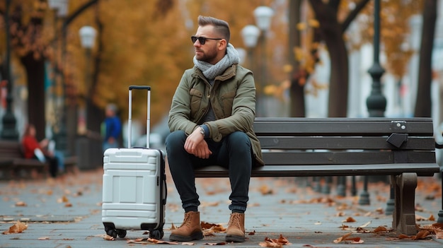 Photo a man sitting on a bench with a suitcase