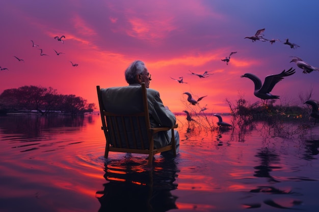 a man sitting on a chair in front of a body of water Generative AI