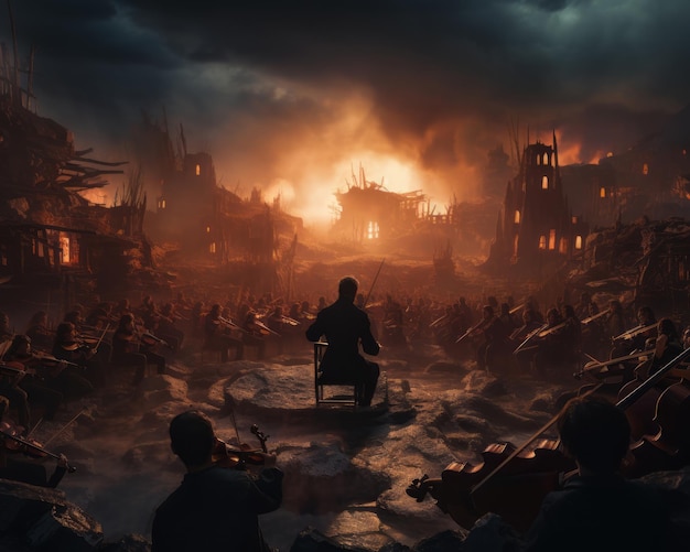 a man sitting on a chair in front of a burning city