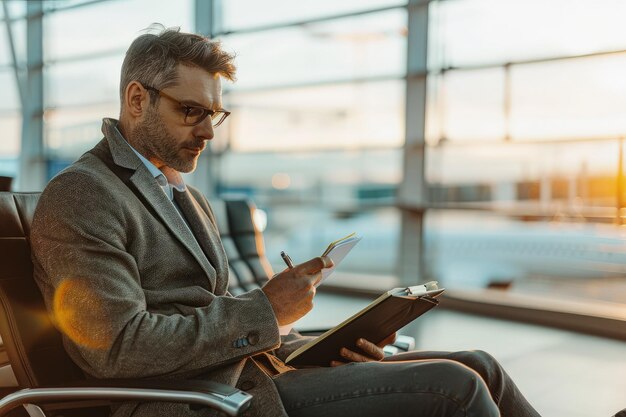 A man sitting in a chair holding a clipboard