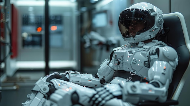 A man sitting on a chair piloting robotic arms with haptic feedback wearing a vr headset clean backg