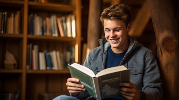 a man sitting on a chair reading a book