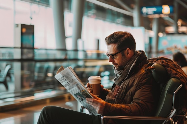 A man sitting in a chair reading a newspaper