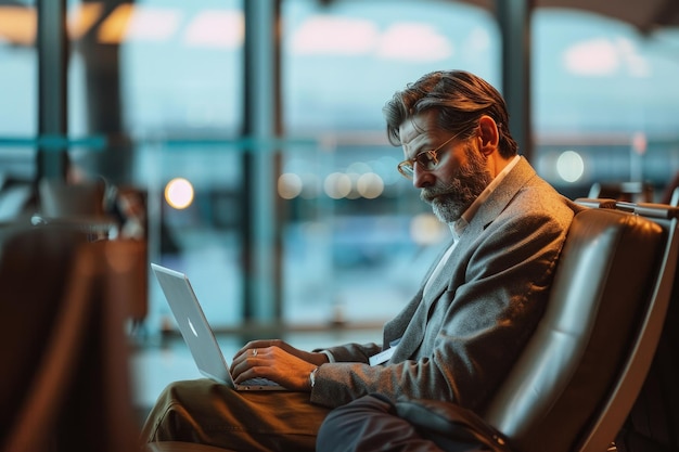 A man sitting in a chair using a laptop computer