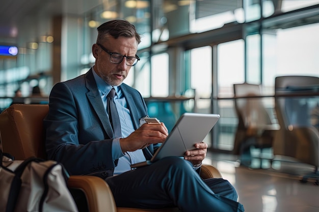 A man sitting in a chair using a tablet