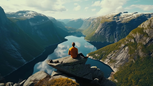 Man sitting on cliff edge alone enjoying aerial view backpacking lifestyle travel adventure outdoor