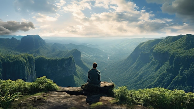 A man sitting on a cliff ledge overlooking a dramatic green landscape