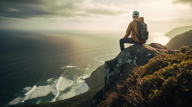 Photo a man sitting on a cliff overlooking the ocean