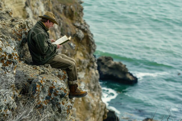 A man sitting on a cliff reading a book