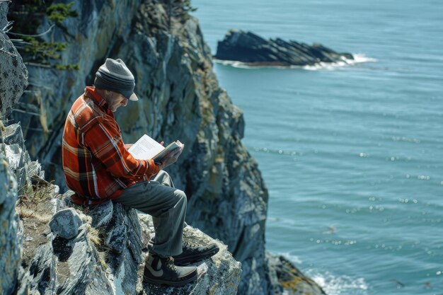 A man sitting on a cliff reading a book