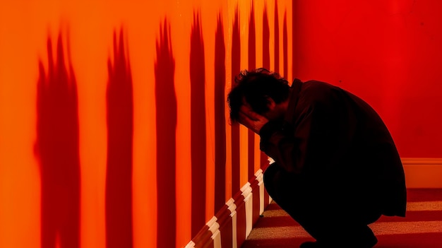 Man Sitting in Corner with Red Wall and Shadows