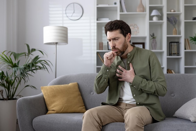 Photo man sitting on couch coughing and holding chest in living room