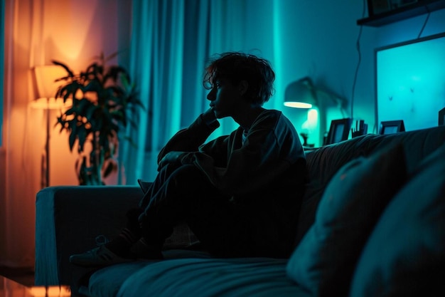 a man sitting on a couch in a dark room