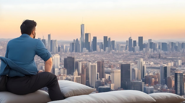 A man sitting on a couch with a city in the background generative by AI