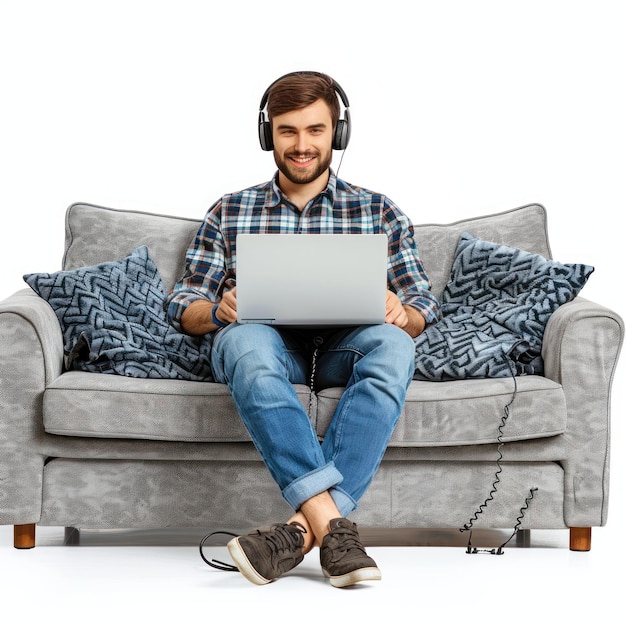 a man sitting on a couch with a laptop and headphones on his head