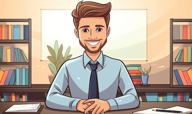 Man Sitting at Desk in Front of Bookshelf