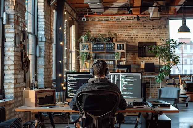 Photo a man sitting at a desk in front of two computer monitors