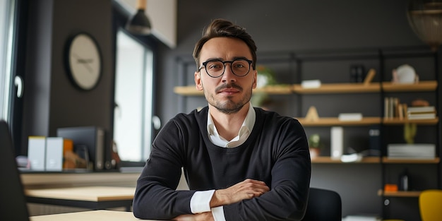 Man sitting at desk with arms crossed