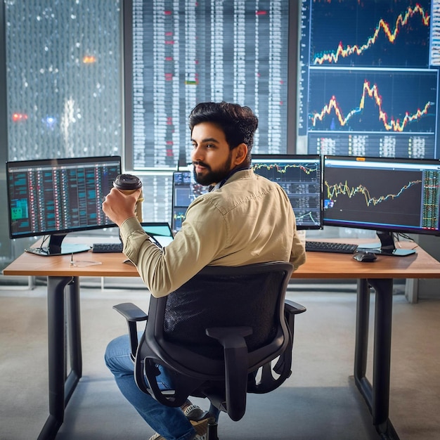 a man sitting at a desk with a cup of coffee in front of a computer screen