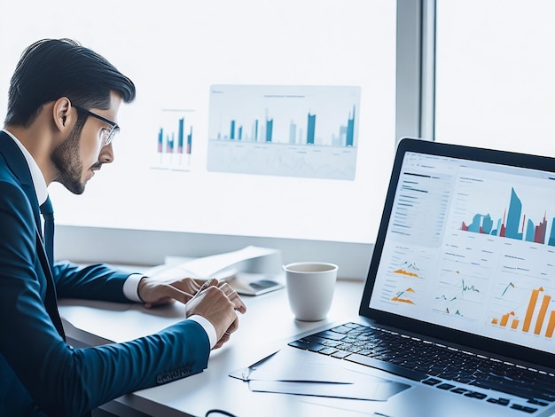 A man sitting at a desk with a laptop and a diagram of graphs on the screen.